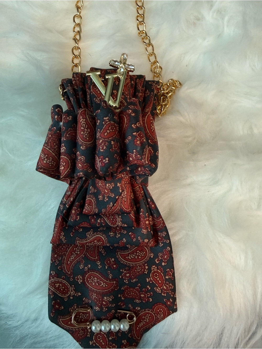 Louis Vuitton Navy and Red Paisley Drawstring Necklace Pouch with Gold Chain